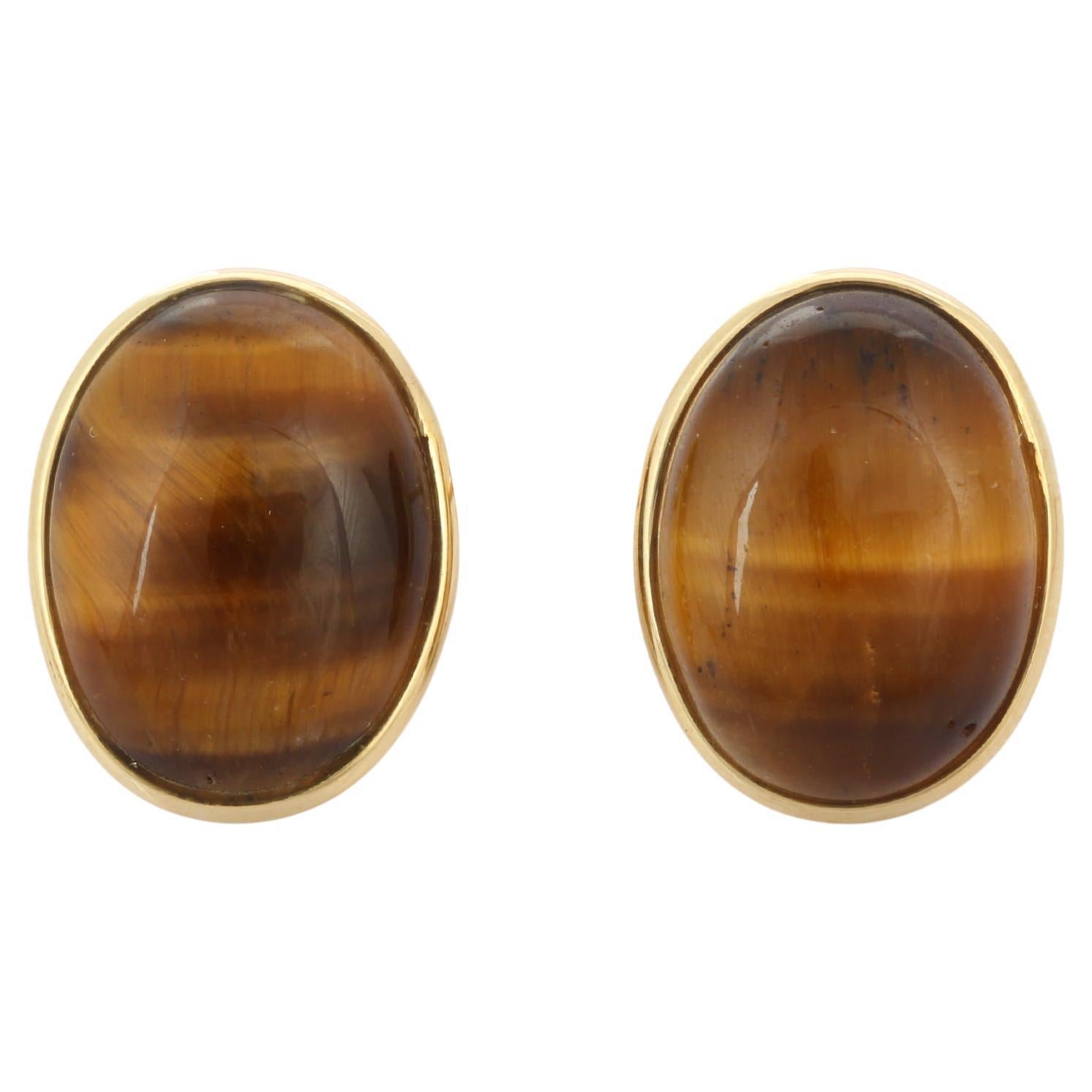 18k Yellow Gold Statement 20.5 Ct Cabochon Cut Tiger's Eye Dome Stud Earrings For Sale