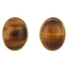 18k Yellow Gold Statement 20.5 Ct Cabochon Cut Tiger's Eye Dome Stud Earrings