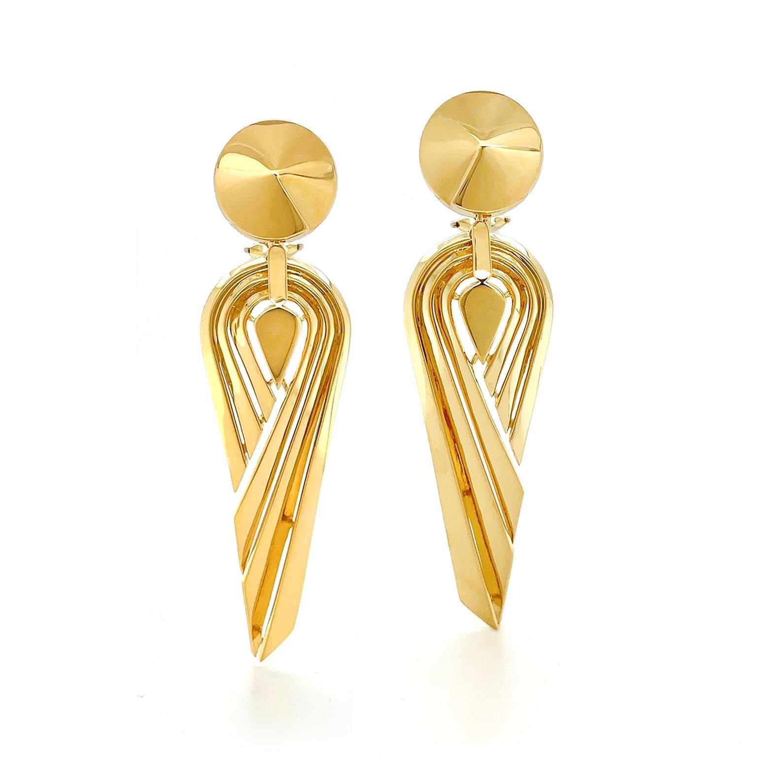 Women's or Men's 18K Yellow Gold Stepped Deco Dangle Earrings For Sale
