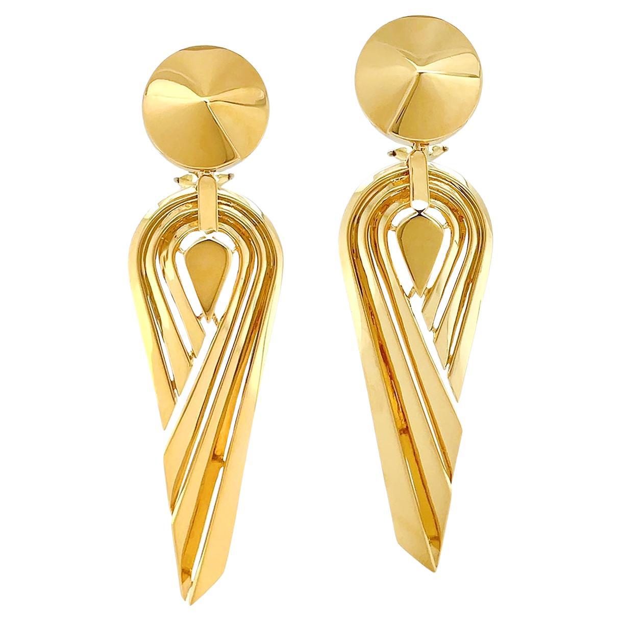 18K Yellow Gold Stepped Deco Dangle Earrings For Sale