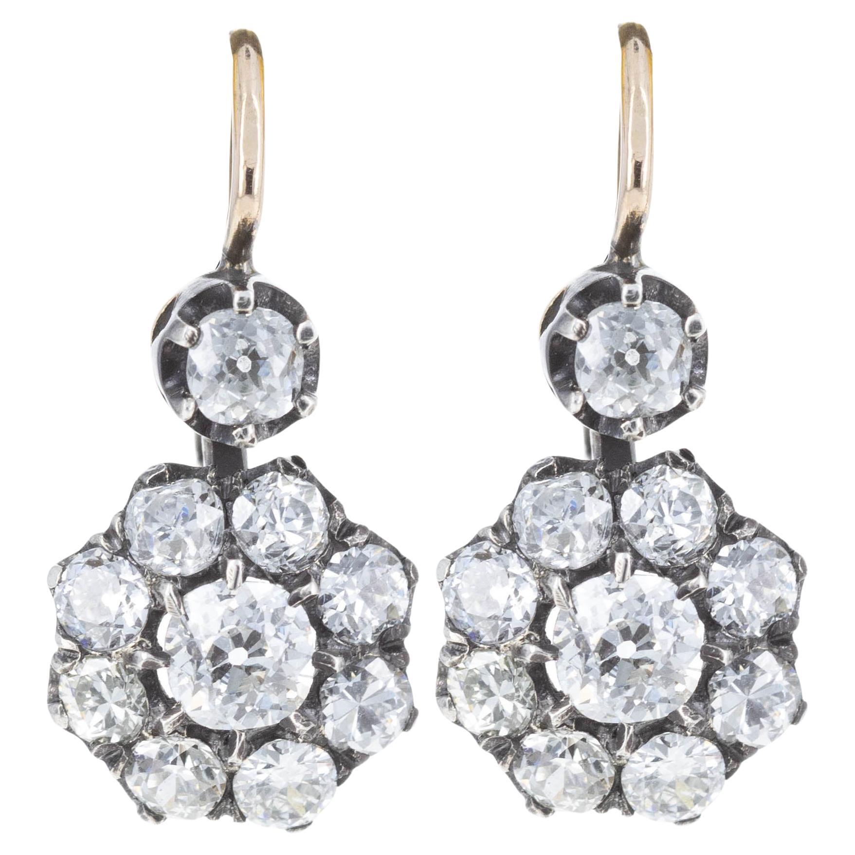 18 Karat Gelbgold & Sterlingsilber 2,70 Karat alte europäische Diamant-Ohrringe