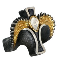 18K Yellow Gold, Sterling Silver Bora Ring with Wing Motif and Rainbow Moonstone