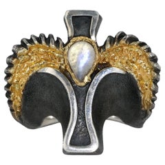 18K Yellow Gold, Sterling Silver Bora Ring with Wing Motif and Rainbow Moonstone