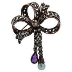 18k Yellow Gold Sterling Silver Diamond Amethyst & Grey Pearl Fancy Bow Brooch