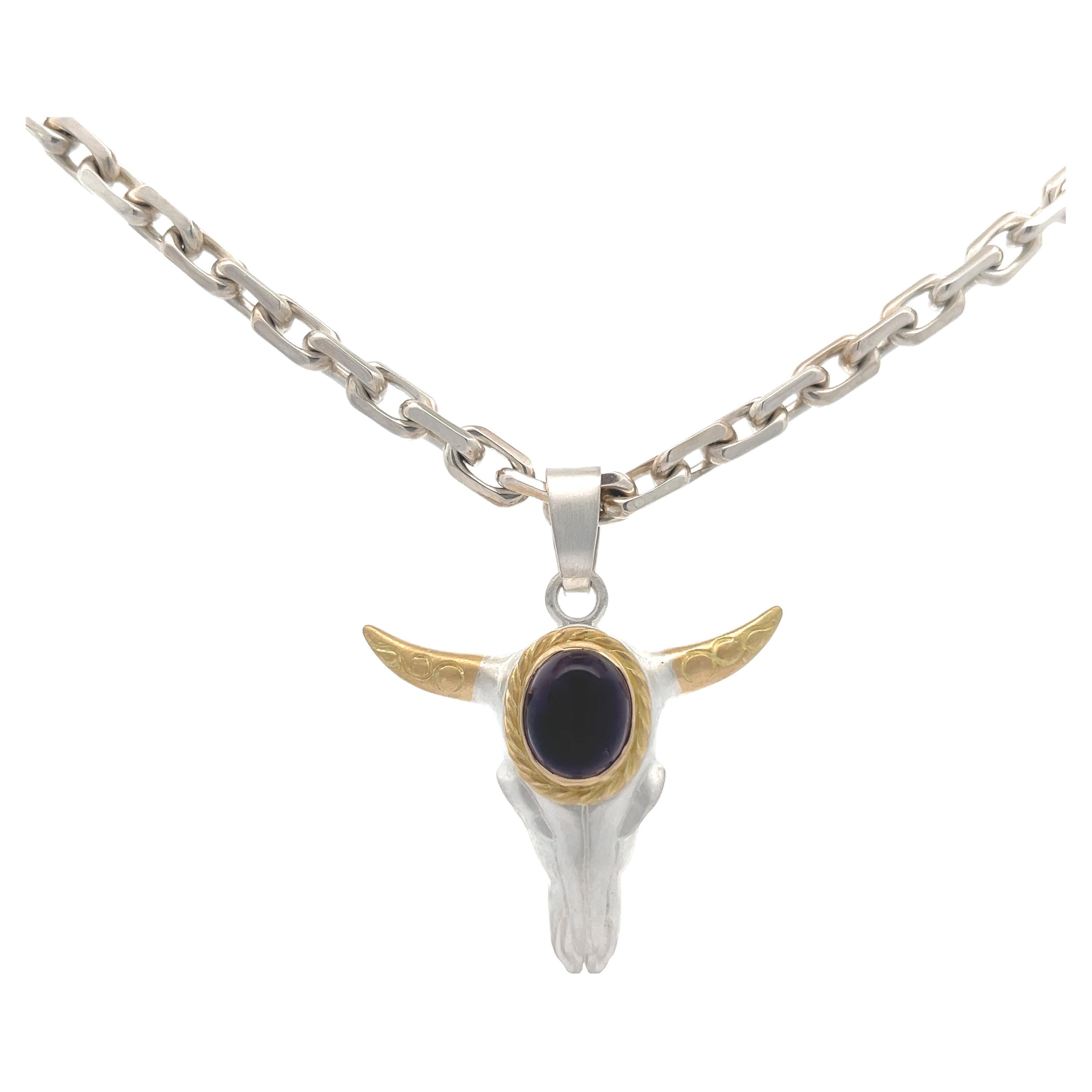 18k Yellow Gold Sterling Silver Steer Head Longhorn Amethyst Pendant