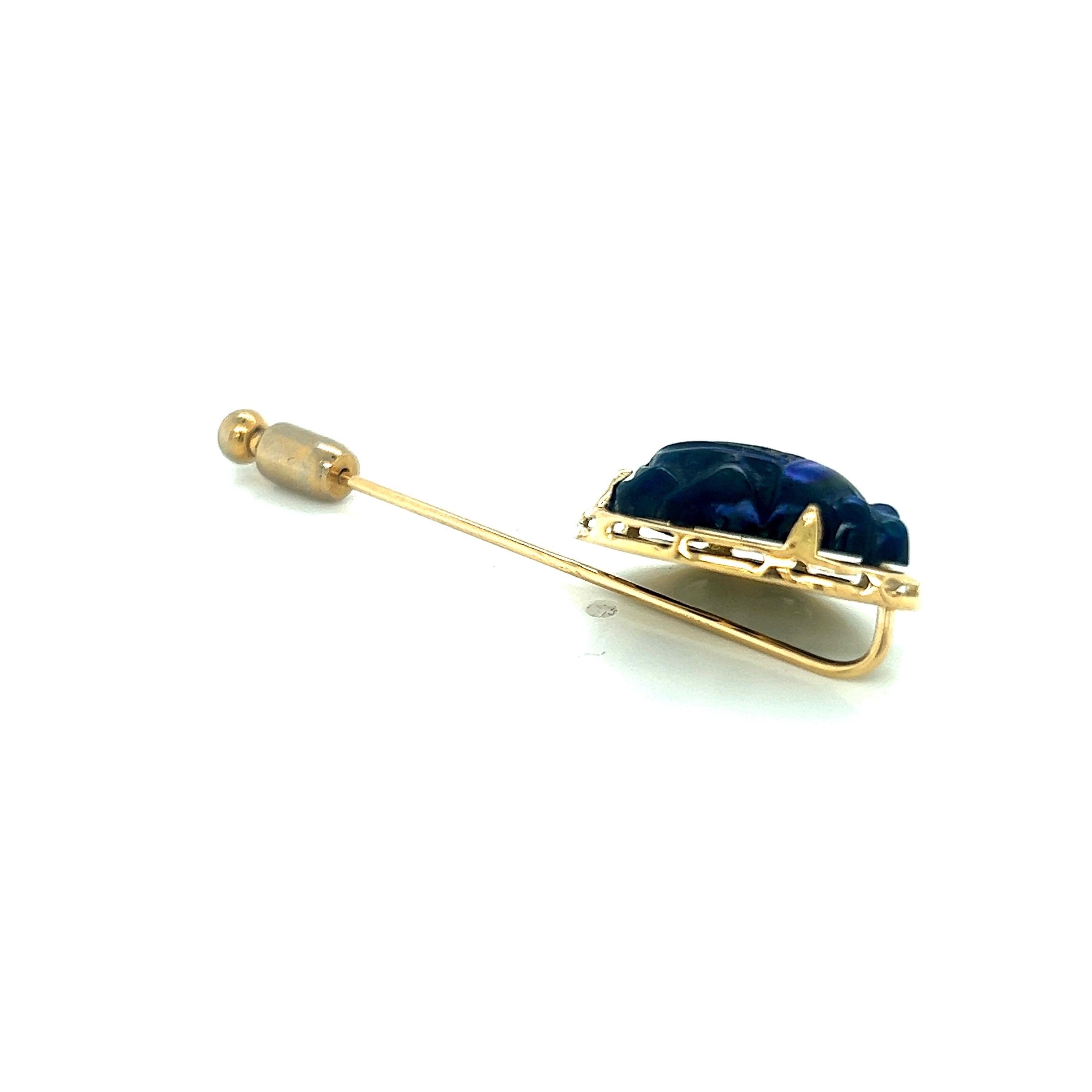 18k Yellow Gold Stick/Lapel Pin Vintage Tiffany Favrile Cobalt Blue Glass Scarab For Sale 1
