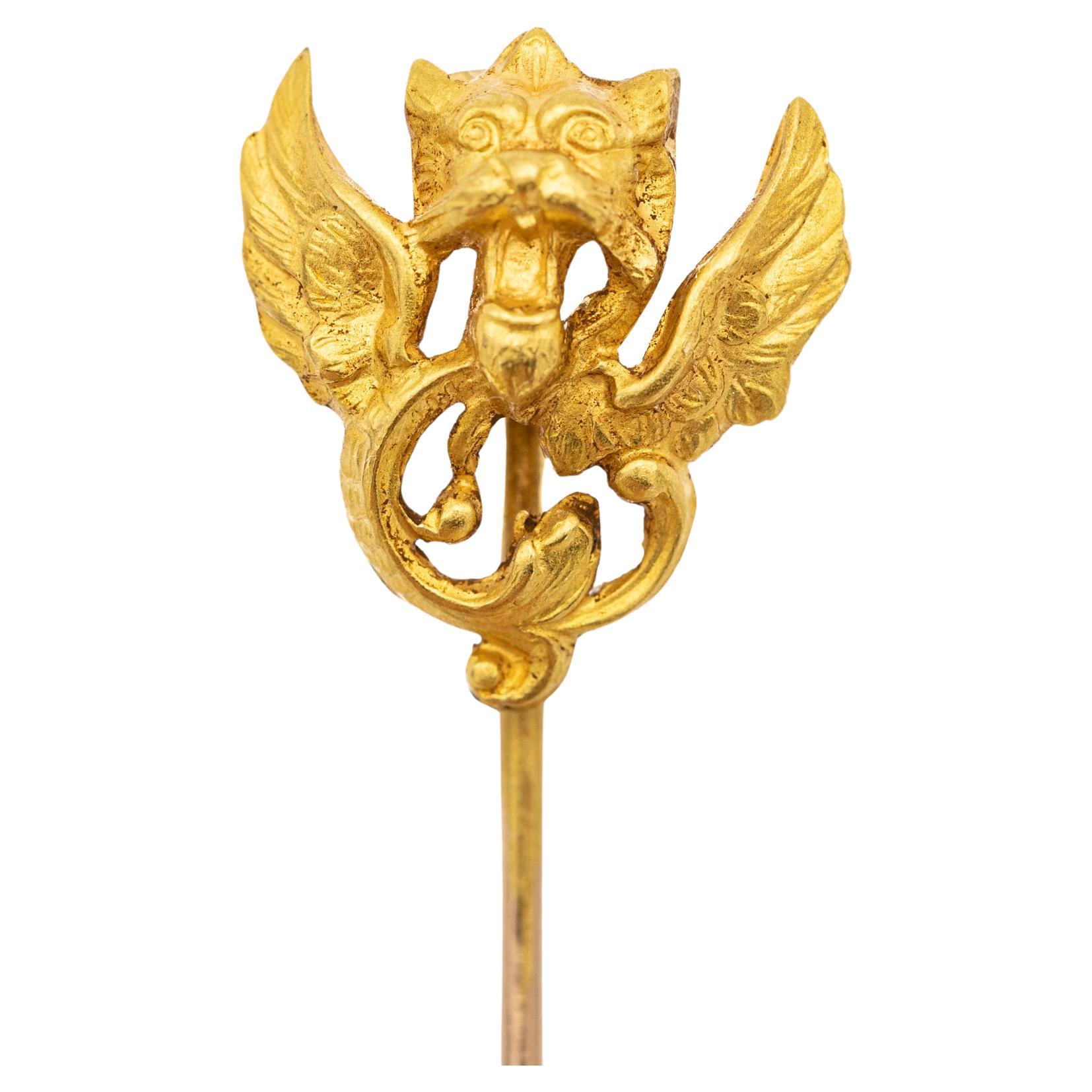18k Yellow gold stick pin - Griffin brooch - Antique French Dragon cravat pin For Sale