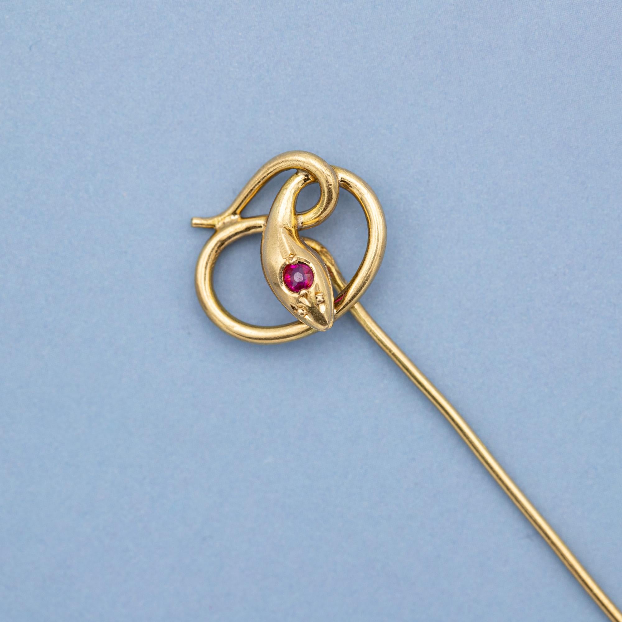 18k Yellow gold stick pin - Snake brooch - Antique French serpentine cravat pin 1