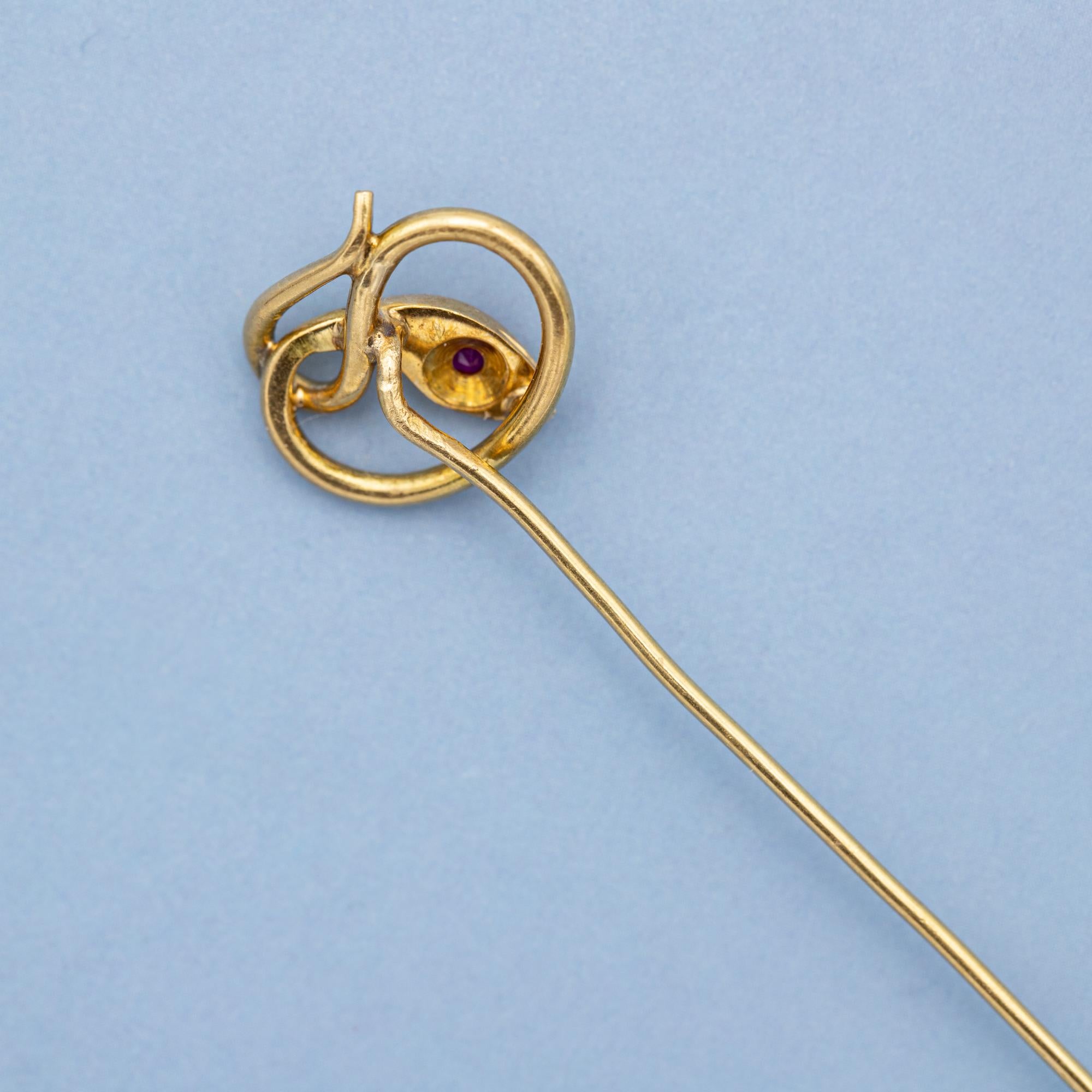 18k Yellow gold stick pin - Snake brooch - Antique French serpentine cravat pin 2