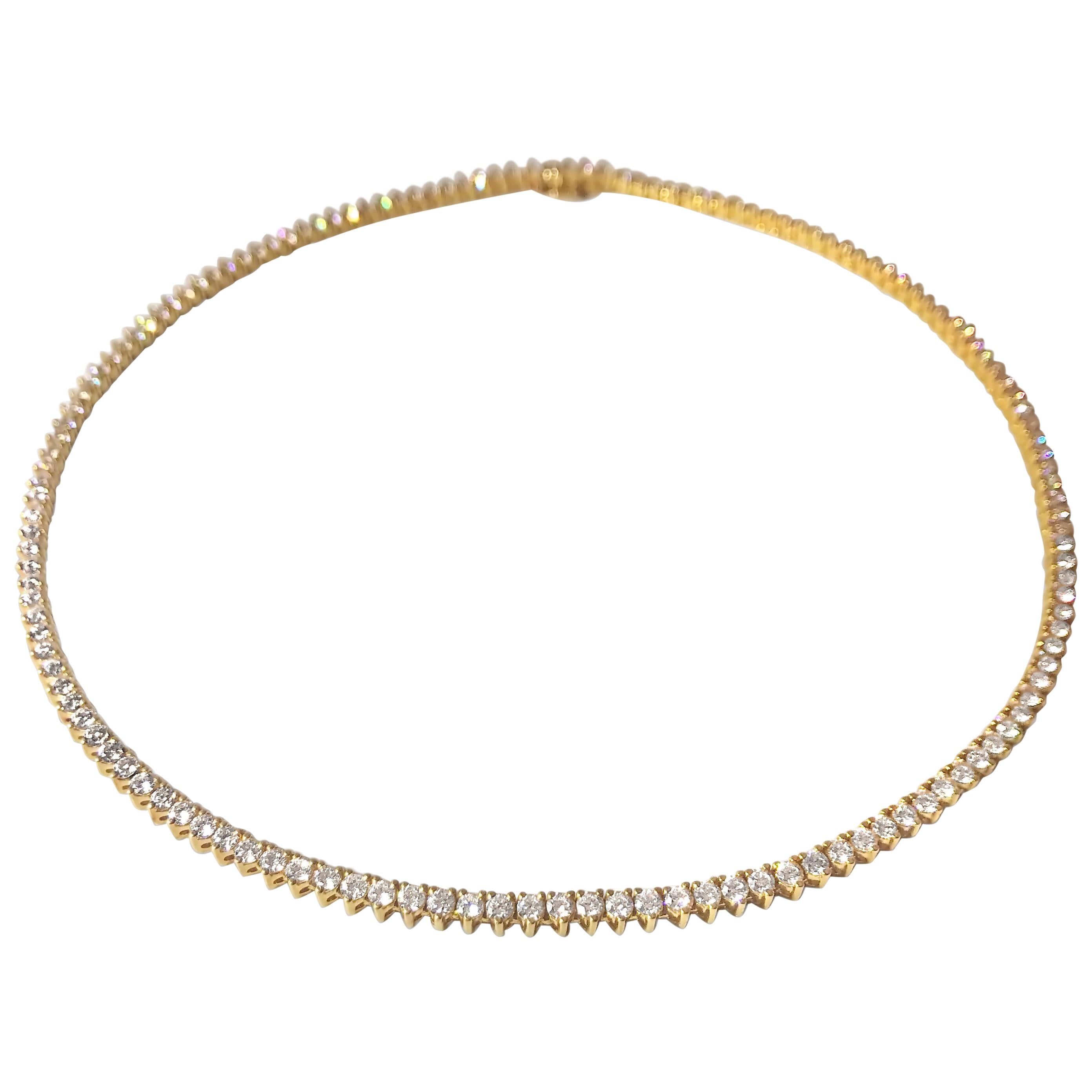 18K Yellow Gold Straight Line Round Diamond Riviera 11.70ct Necklace by Manart For Sale