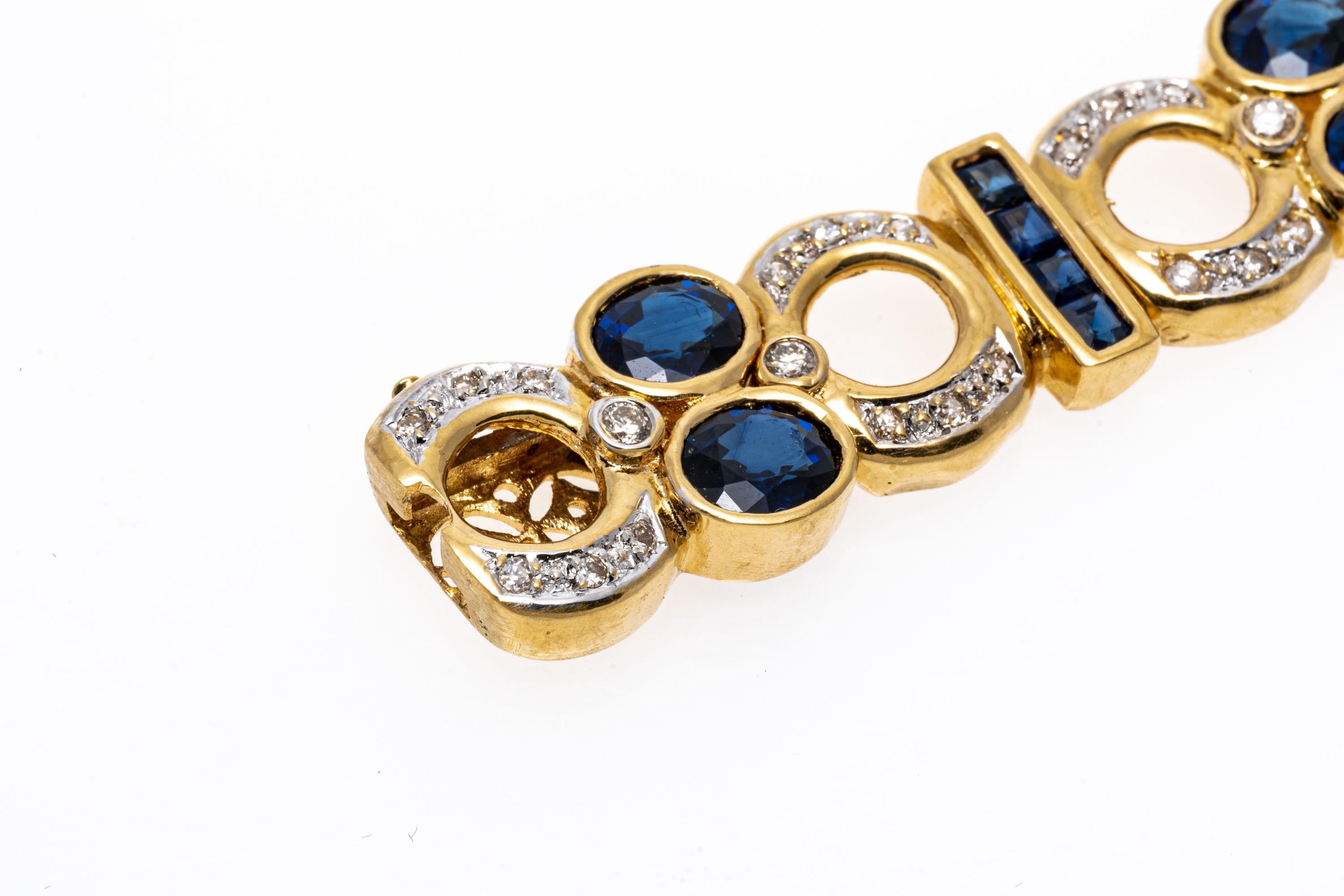 Taille ronde Bracelet à maillons en or jaune 18 carats avec diamants et saphirs « App. 9,24 TCW » en vente