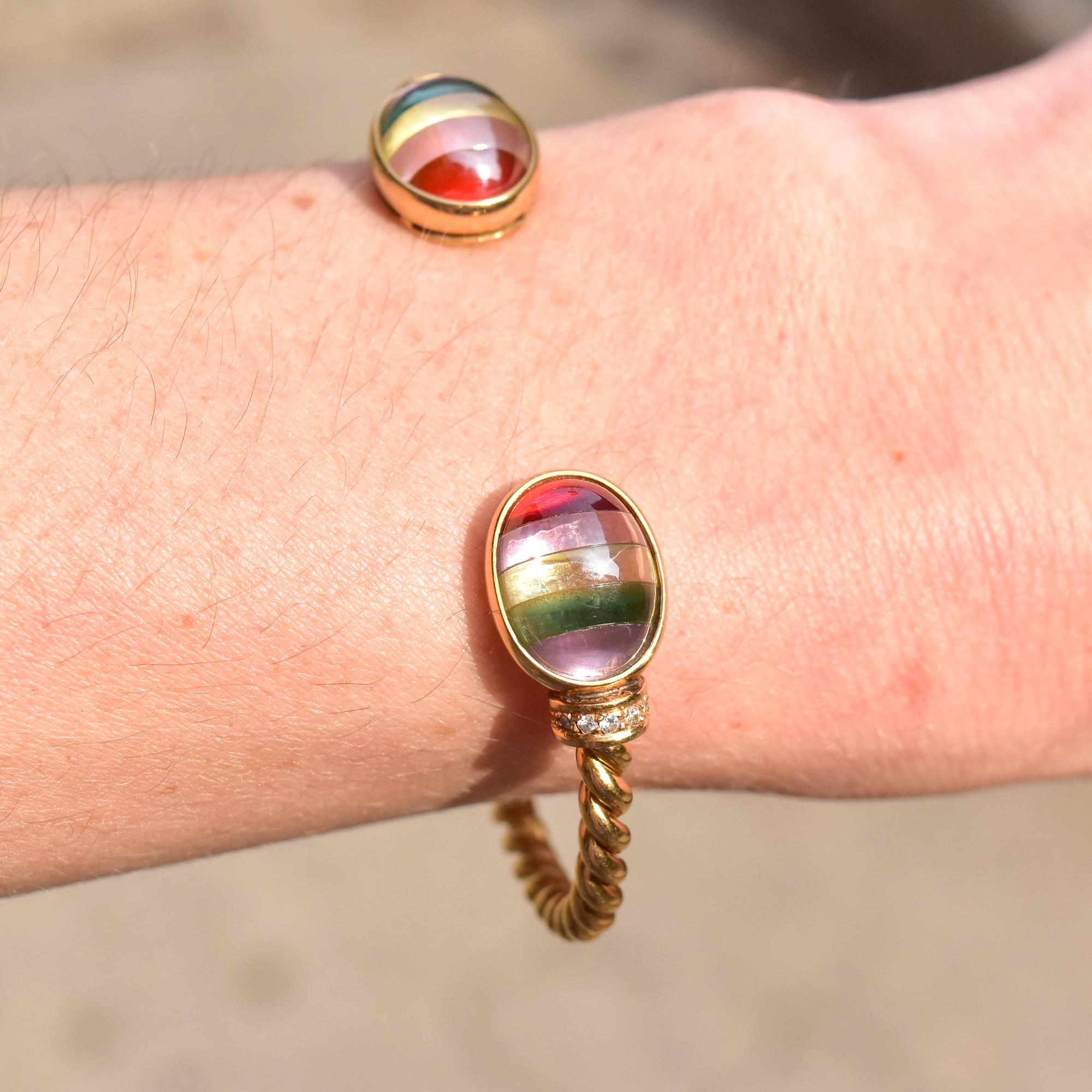 18K Yellow Gold Striped Glass Cabochon Cuff Bracelet For Sale 2