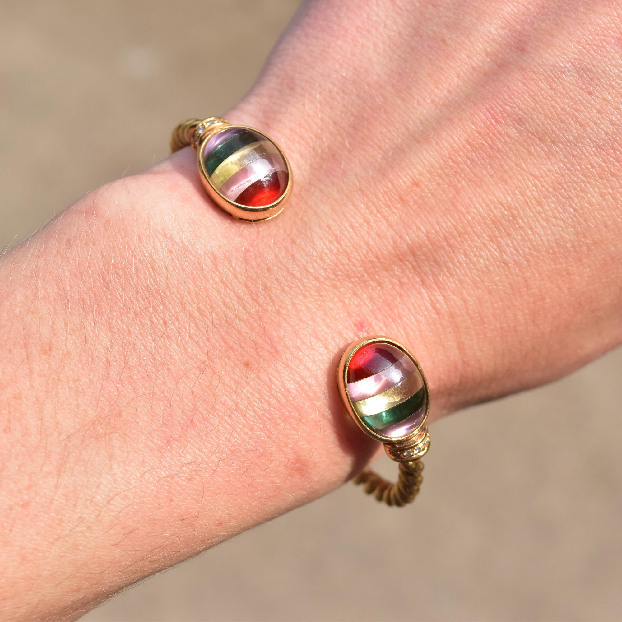 18K Yellow Gold Striped Glass Cabochon Cuff Bracelet For Sale 4