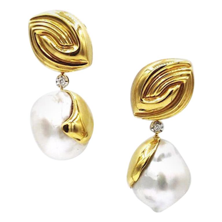 18K Yellow Gold Stud Earrings & Detachable Baroque South Sea Pearl Diamond Drops For Sale