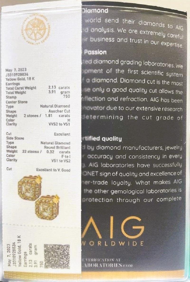 Asscher Cut 18k Yellow Gold Stud Earrings w/ 1.89 2.13ct Natural Diamonds AIG Certificate For Sale