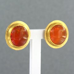 18k yellow gold stud earrings with cabochon cut fire opal 9.2 grams