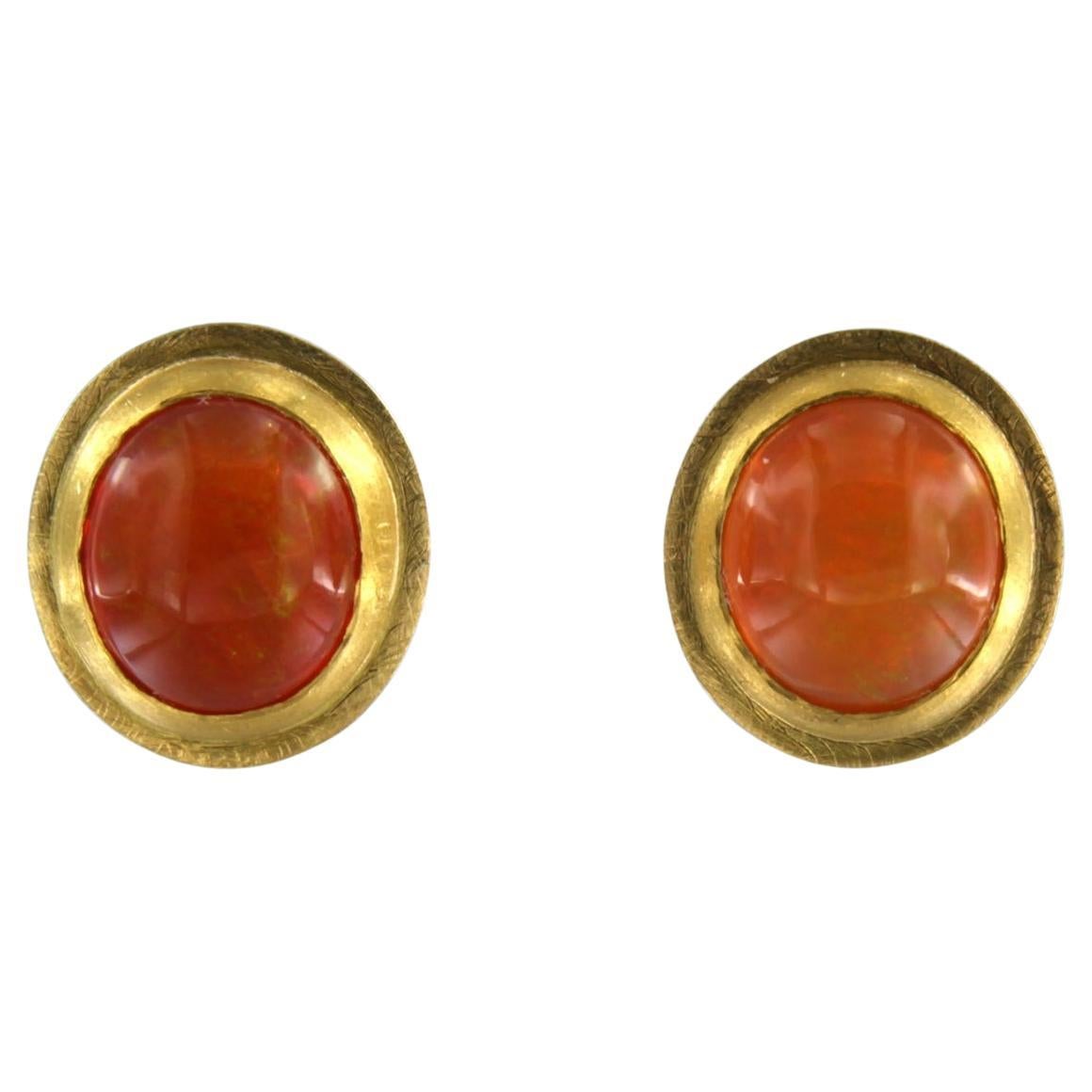 18k yellow gold stud earrings with cabochon cut fire opal 9.2 grams