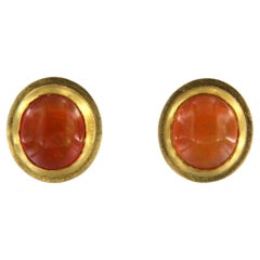 18k yellow gold stud earrings with cabochon cut fire opal 9.2 grams