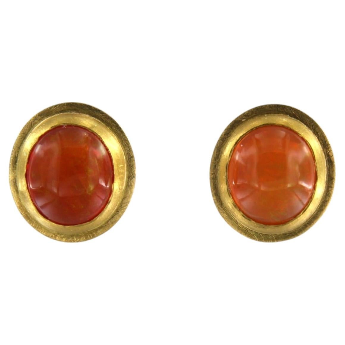 18k yellow gold stud earrings with cabochon cut fire opal 9.2 grams For Sale
