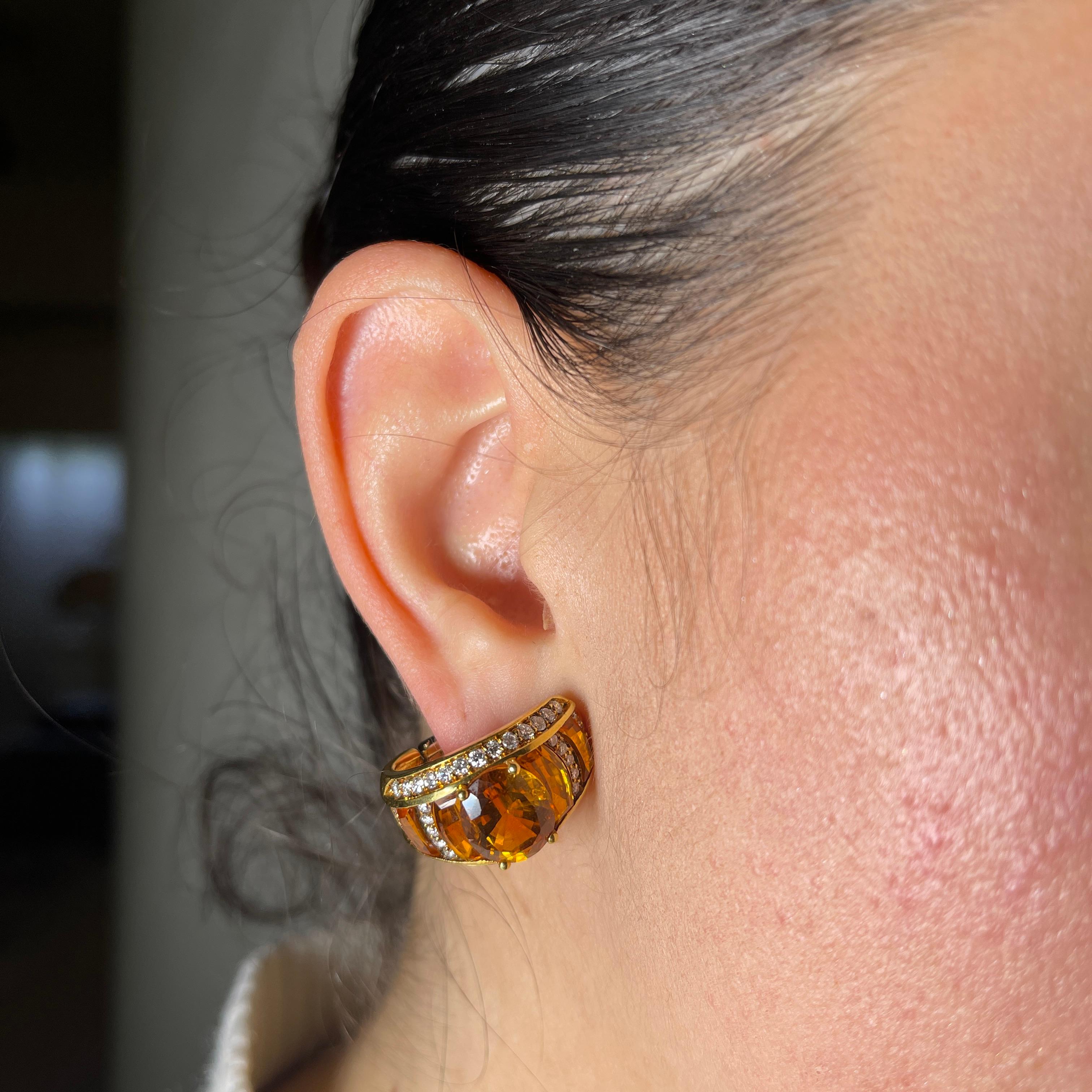 18K Yellow Gold Stud Earrings with Citrine Topaz and Diamonds For Sale 2