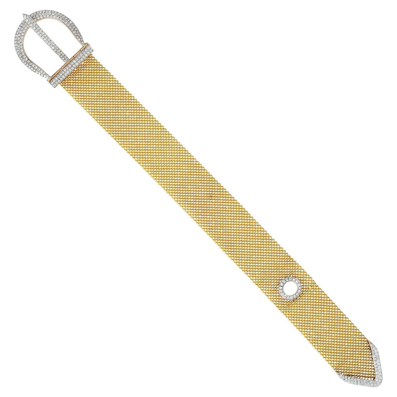 18k Yellow Gold Studded Diamond Fixed Wrist Belt Bracelet For Sale