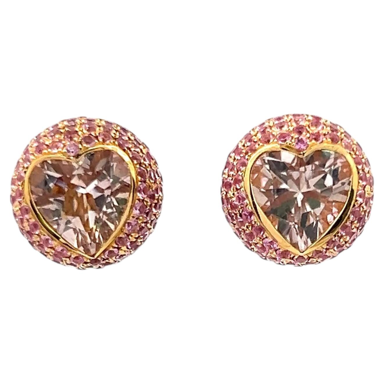 Boucles d'oreilles à tige en or jaune 18 carats, ornées de pierres semi-précieuses rondes et en forme de cœur de 7 carats