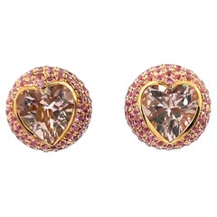 18K Yellow Gold Studs Earring with 7 Carat Round & Heart Semi Precious Gemstones