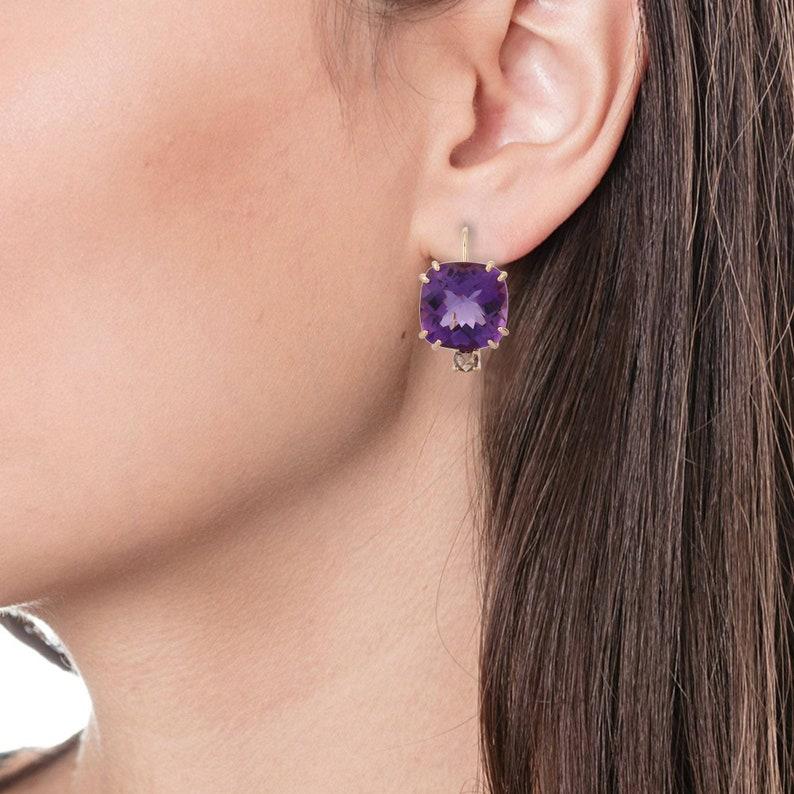 Mixed Cut 18K Yellow Gold Amethyst and Diamond Studs For Sale