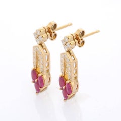 Art Nouveau 18k Solid Yellow Gold Ruby Diamond Dangle Earrings
