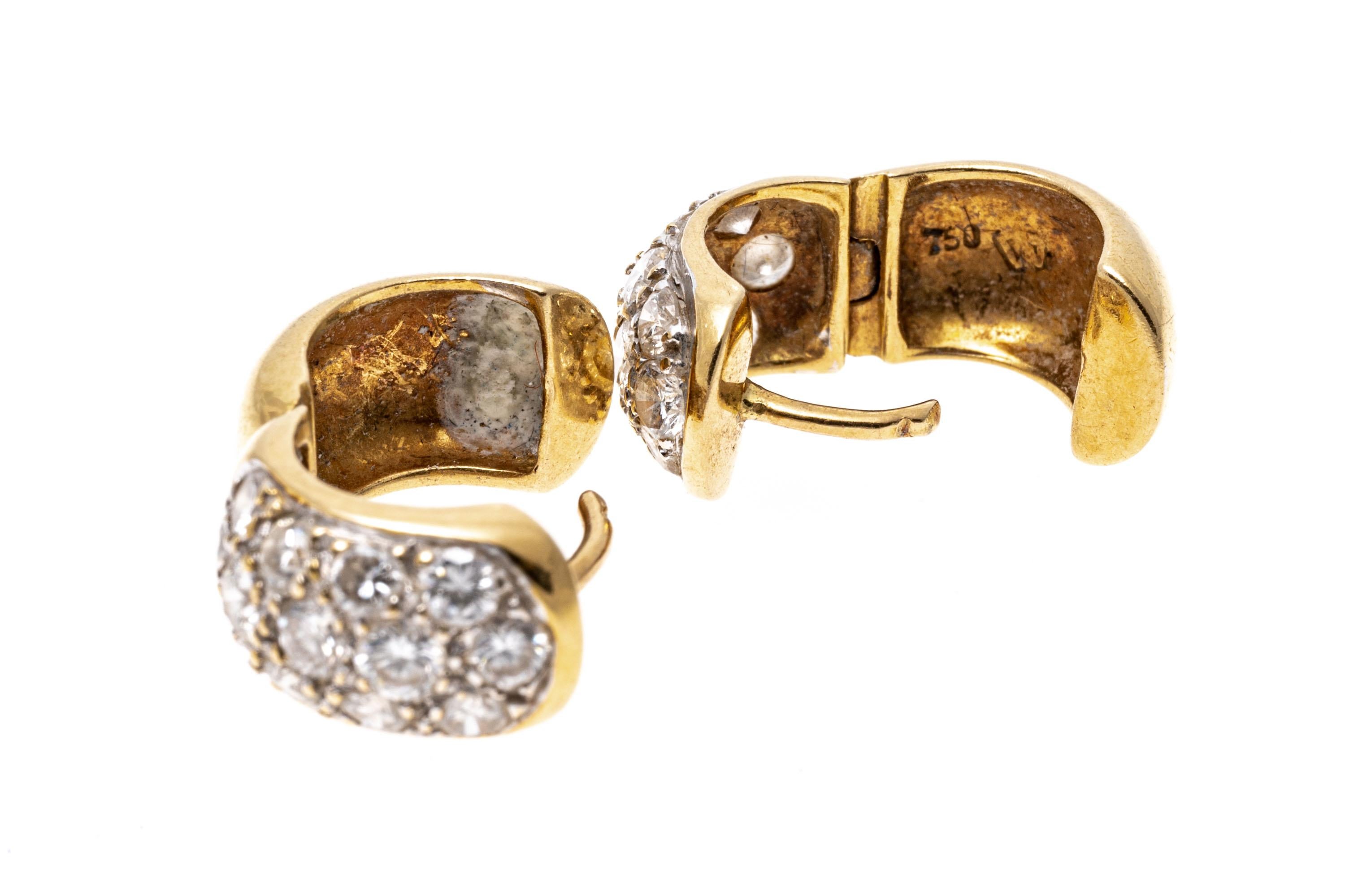 Round Cut 18k Yellow Gold Stylish Pave Set Diamond Huggie Earrings, App. 1.08tcw For Sale