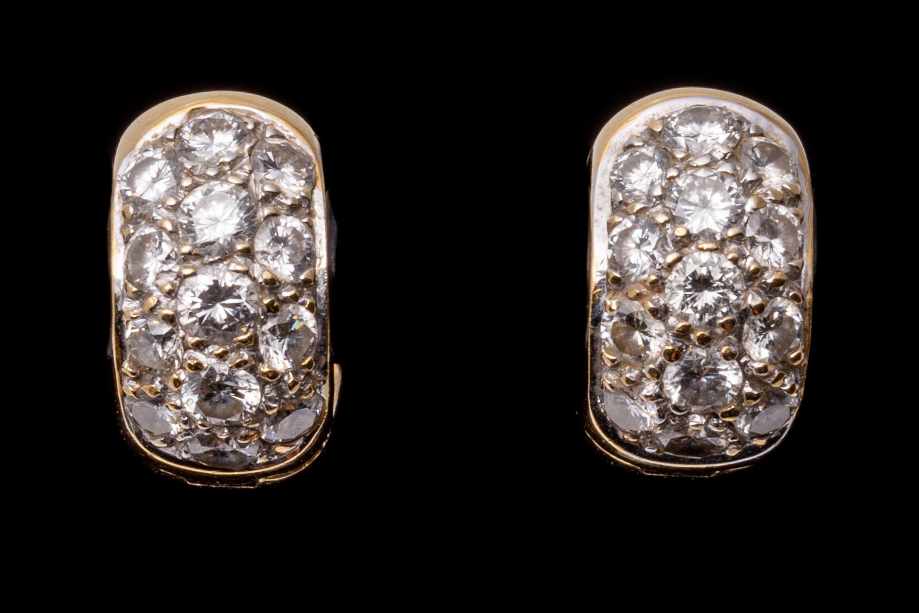 18k Yellow Gold Stylish Pave Set Diamond Huggie Earrings, App. 1.08tcw For Sale 2