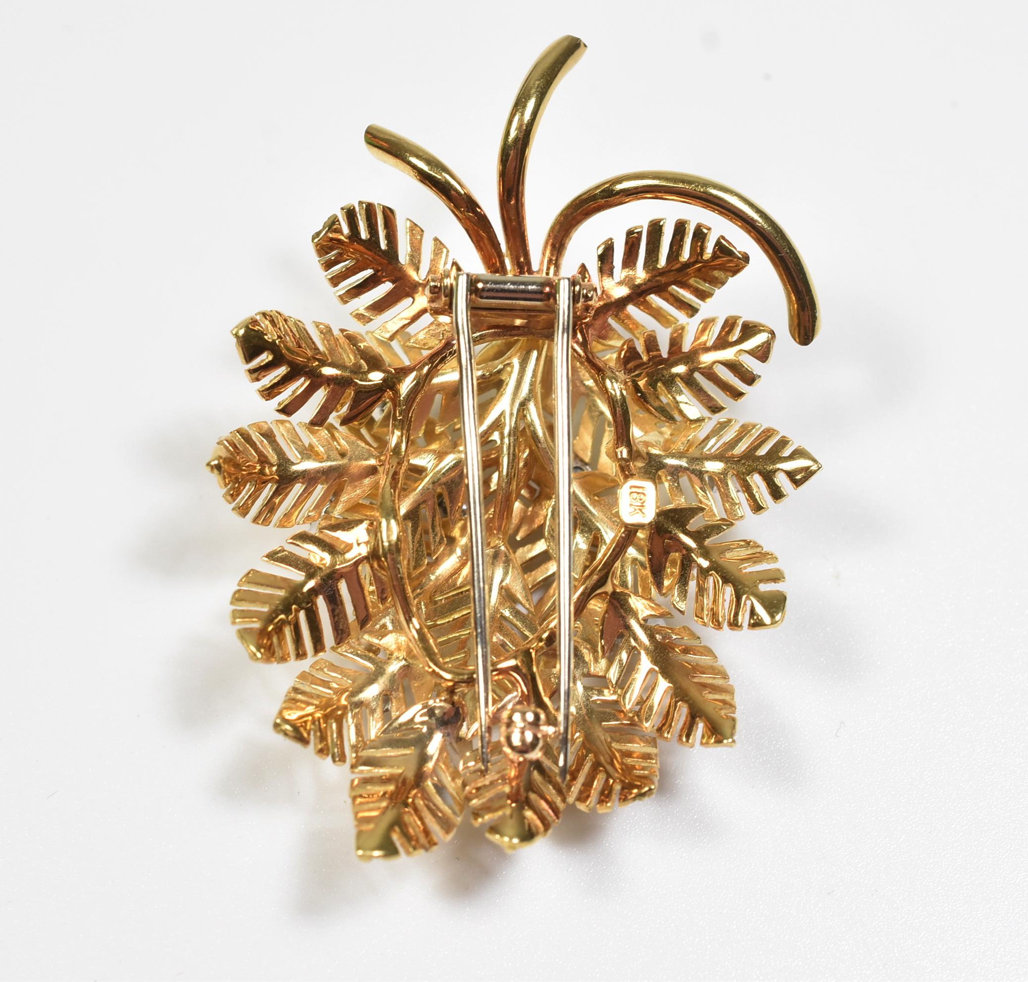 North American 18K Yellow Gold Stylized Palm Leaf Pin with .75 Carat of Diamonds For Sale