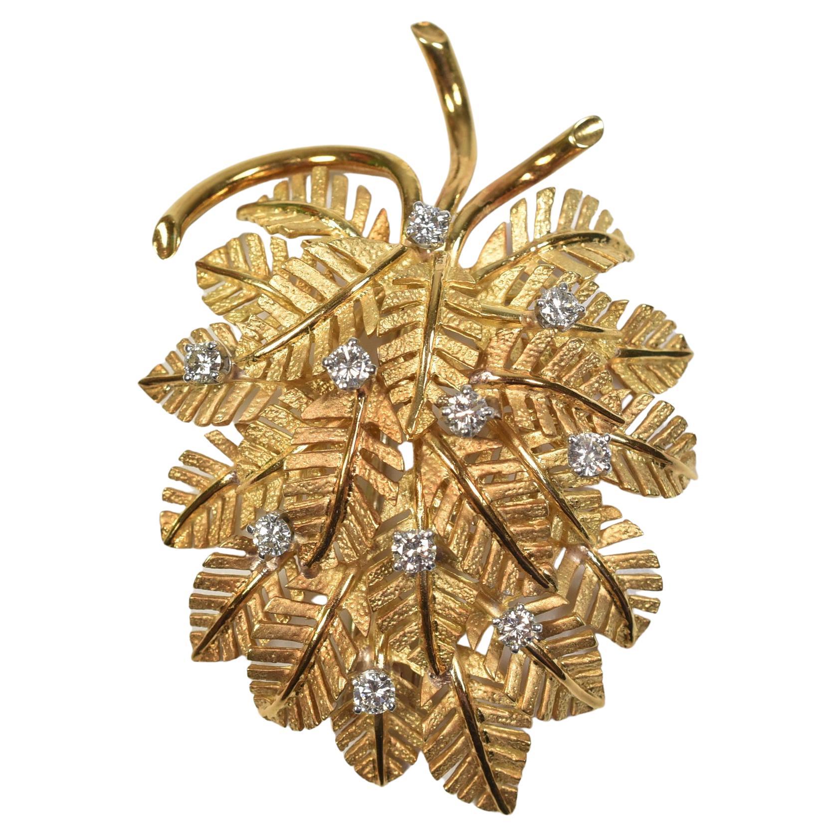 18K Yellow Gold Stylized Palm Leaf Pin with .75 Carat of Diamonds For Sale