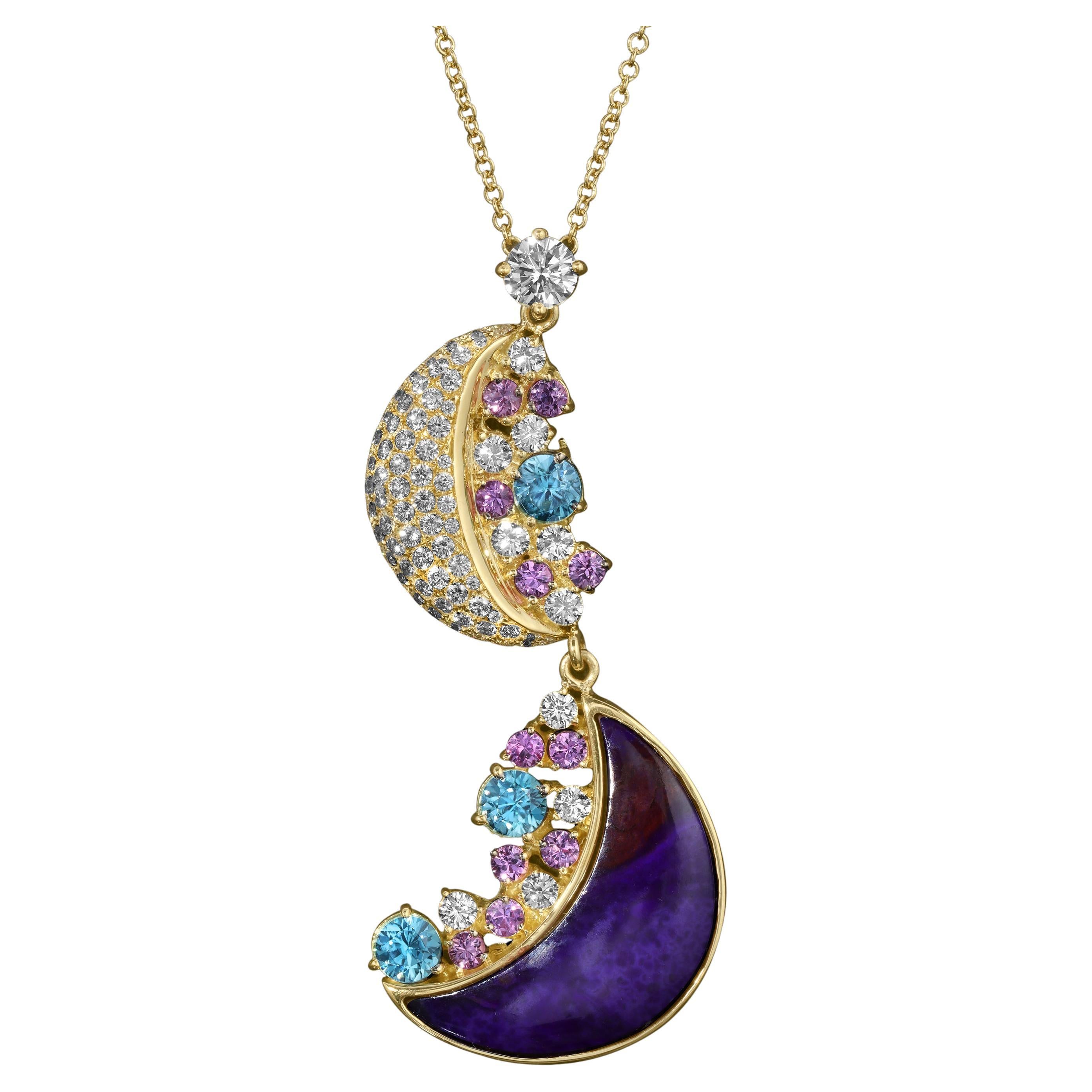 18K Yellow Gold, Sugilite, VS Diamonds, Pink Sapphires, Blue Sapphires Necklace