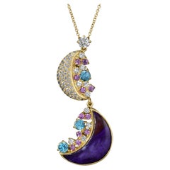18K Yellow Gold, Sugilite, VS Diamonds, Pink Sapphires, Blue Sapphires Necklace