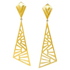 18K Yellow Gold Sun Ray Pattern Triangle Deco Drop Earrings