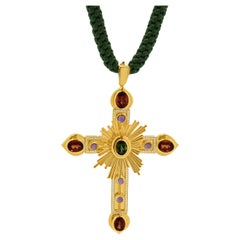 18K Yellow Gold Sunstone, Tourmaline, Amethyst, Diamond Cross Necklace