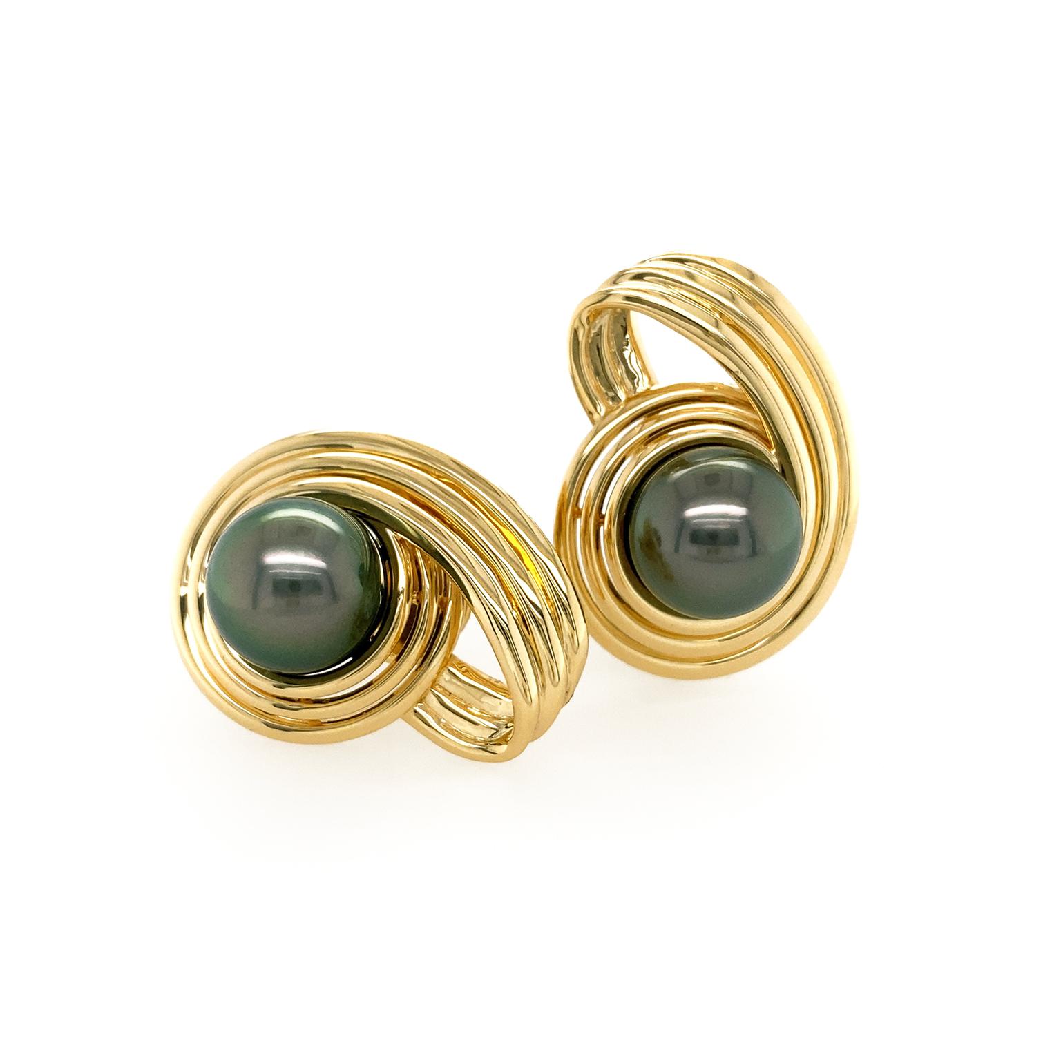 Uncut 18K Yellow Gold Swirl Tahitian Pearl Clip-On Earrings