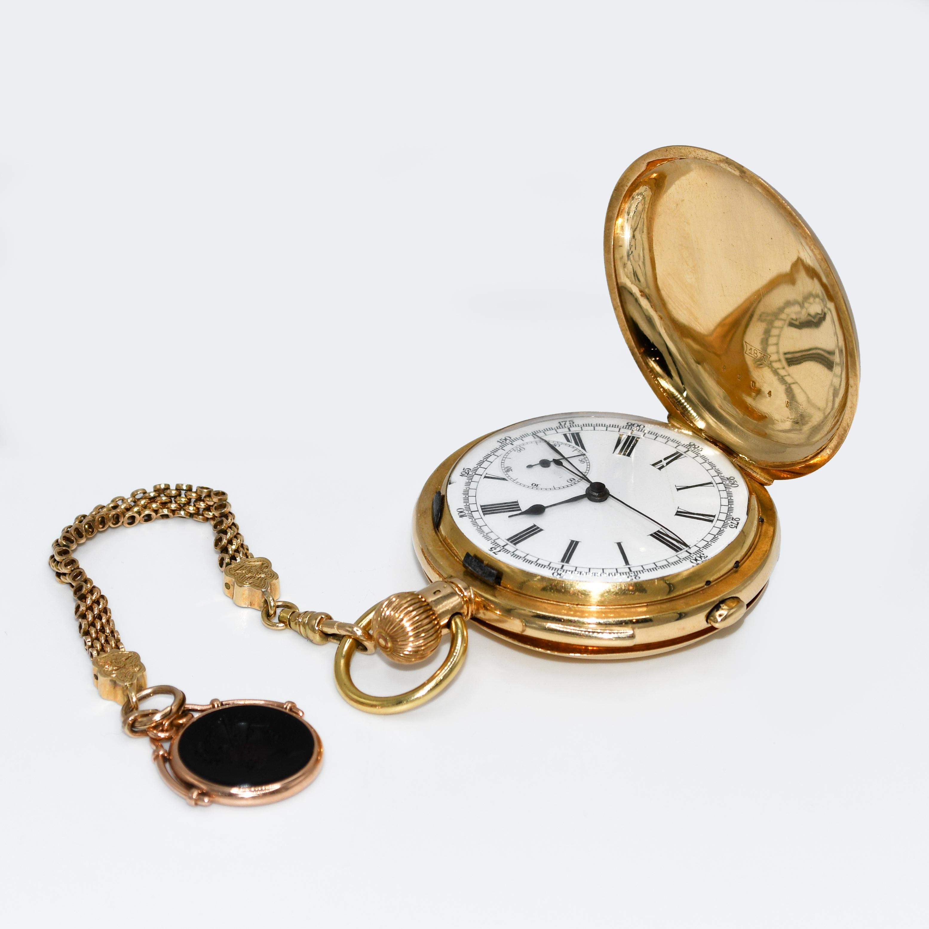 18 Karat Gelbgold Schweizer Taschenuhr Repeater , 14 Karat Gelbgold FOB , mit Schachtel
Schweizer Taschenuhr mit Repetition aus 18k Gelbgold und Uhrenanhänger aus 14k Gelbgold.
Die Uhr ist auf beiden Deckeln mit 18k gestempelt.
Das Bruttogewicht der