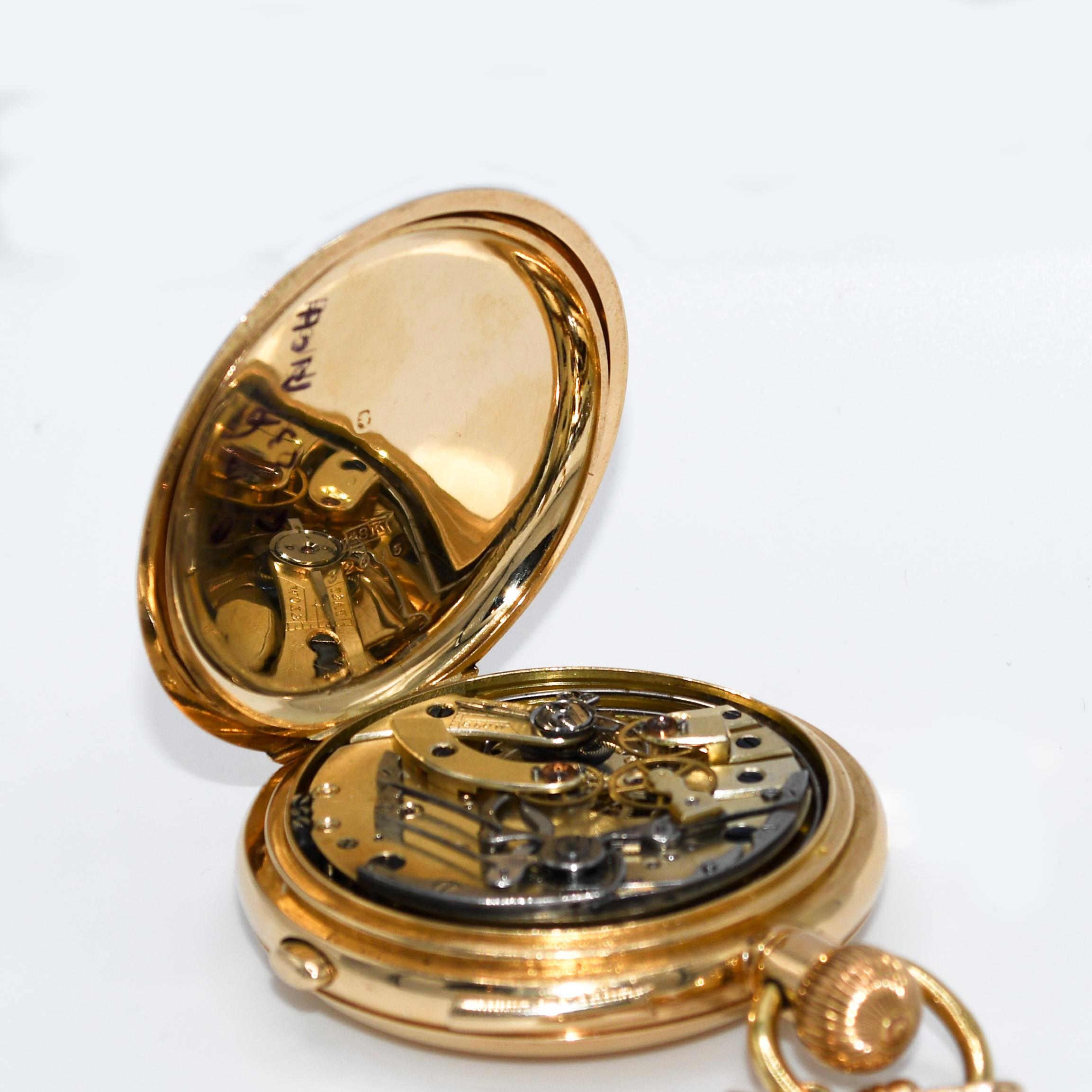 18 Karat Gelbgold Schweizer Taschenuhr Repeater , 14 Karat Gelbgold FOB , mit Schachtel im Zustand „Hervorragend“ in Laguna Beach, CA