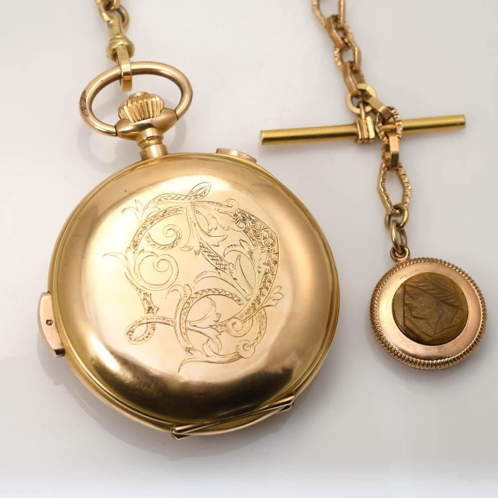 Montre à répétition suisse en or jaune 18 carats, étui de chasse spécial en vente 6