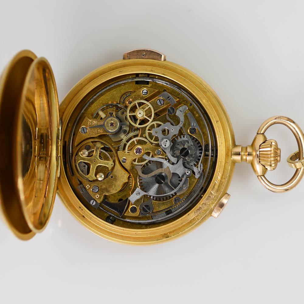 Montre à répétition suisse en or jaune 18 carats, étui de chasse spécial en vente 8