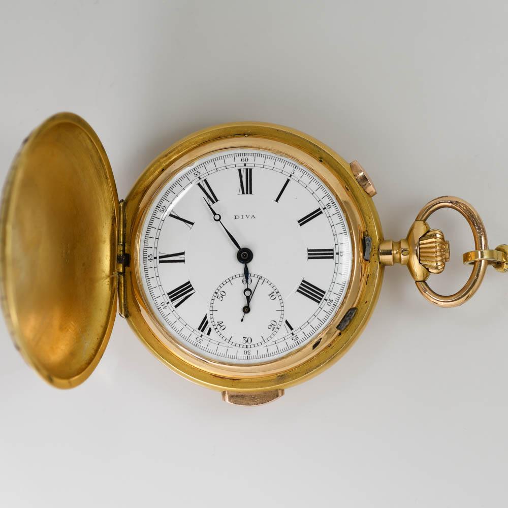 Montre à répétition suisse en or jaune 18 carats, étui de chasse spécial en vente 10