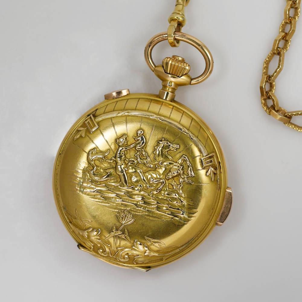 Montre de poche suisse à répétition des quarts.
Le cadran est marqué Diva. 
L'intérieur du boîtier est estampillé 18k.
La montre pèse 107,5 grammes sans le porte-montre.
Le boîtier mesure environ 55 mm de large.
Etui extra fantaisiste.
La montre a
