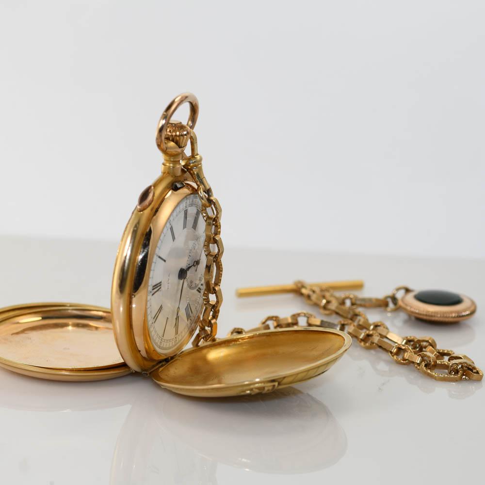 Montre à répétition suisse en or jaune 18 carats, étui de chasse spécial Excellent état - En vente à Laguna Beach, CA