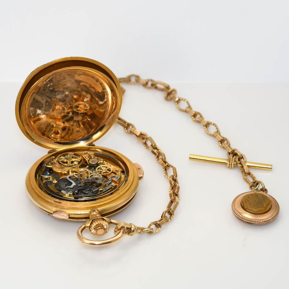 Montre à répétition suisse en or jaune 18 carats, étui de chasse spécial Unisexe en vente