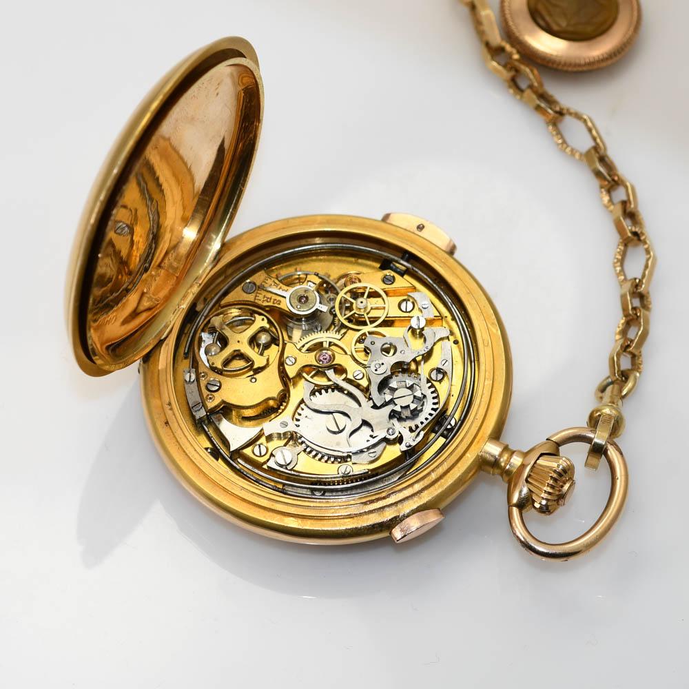 Montre à répétition suisse en or jaune 18 carats, étui de chasse spécial en vente 2