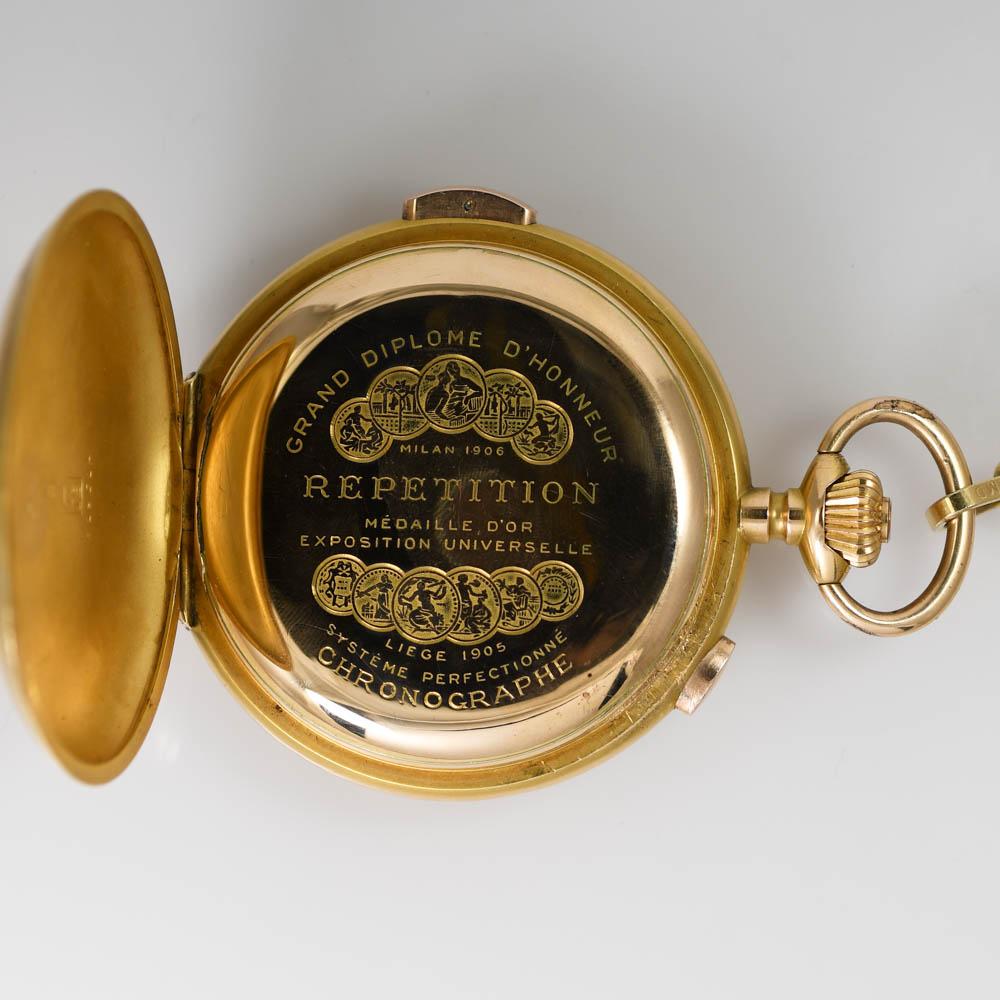Montre à répétition suisse en or jaune 18 carats, étui de chasse spécial en vente 3