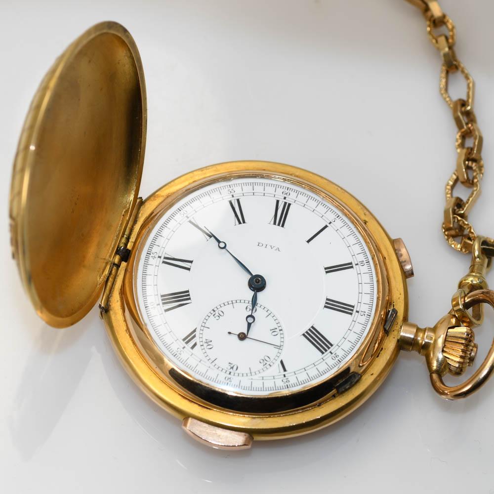 Montre à répétition suisse en or jaune 18 carats, étui de chasse spécial en vente 4