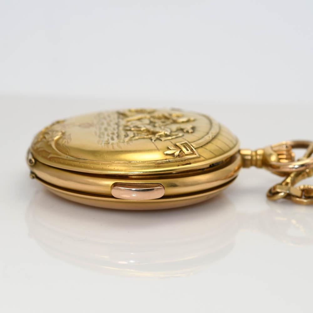 Montre à répétition suisse en or jaune 18 carats, étui de chasse spécial en vente 5